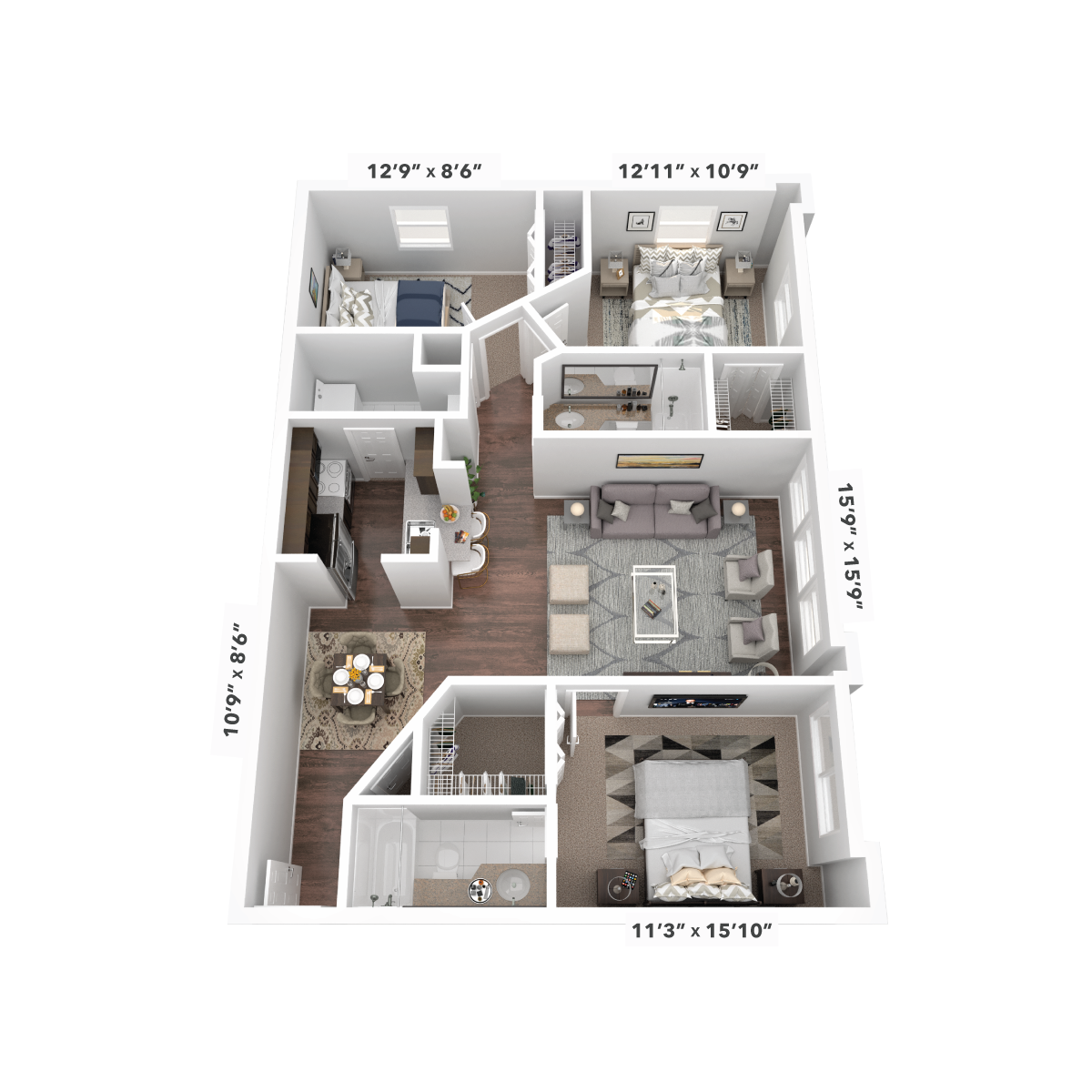 Floor plan for 3 beds, 2 baths, 1356 sqft